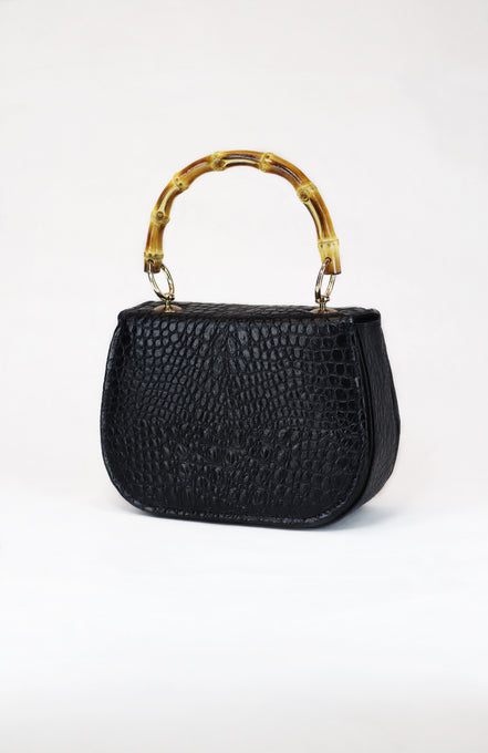 Δερμάτινη τσάντα Alvara Black Croco σε μαύρο δέρμα με ανάγλυφο croco και bamboo λεπτομέρειες - Πίσω όψη - ELLIA