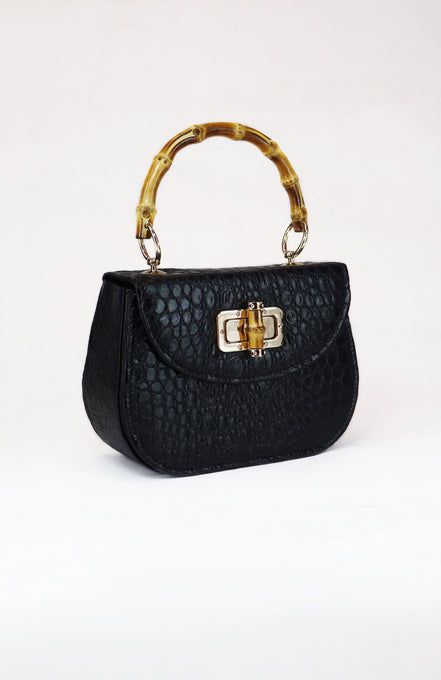 Δερμάτινη τσάντα Alvara Black Croco σε μαύρο δέρμα με ανάγλυφο croco και bamboo λεπτομέρειες - Πλαϊνή όψη - ELLIA