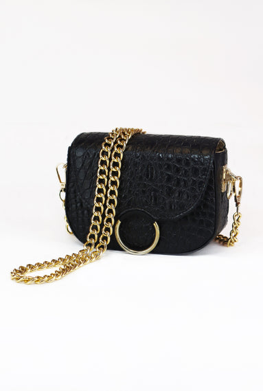 Δερμάτινη crossbody τσάντα Le Vibal Black Croco με ανάγλυφο κροκό και χρυσή αλυσίδα - Εμπρός όψη με αλυσίδα - ELLIA