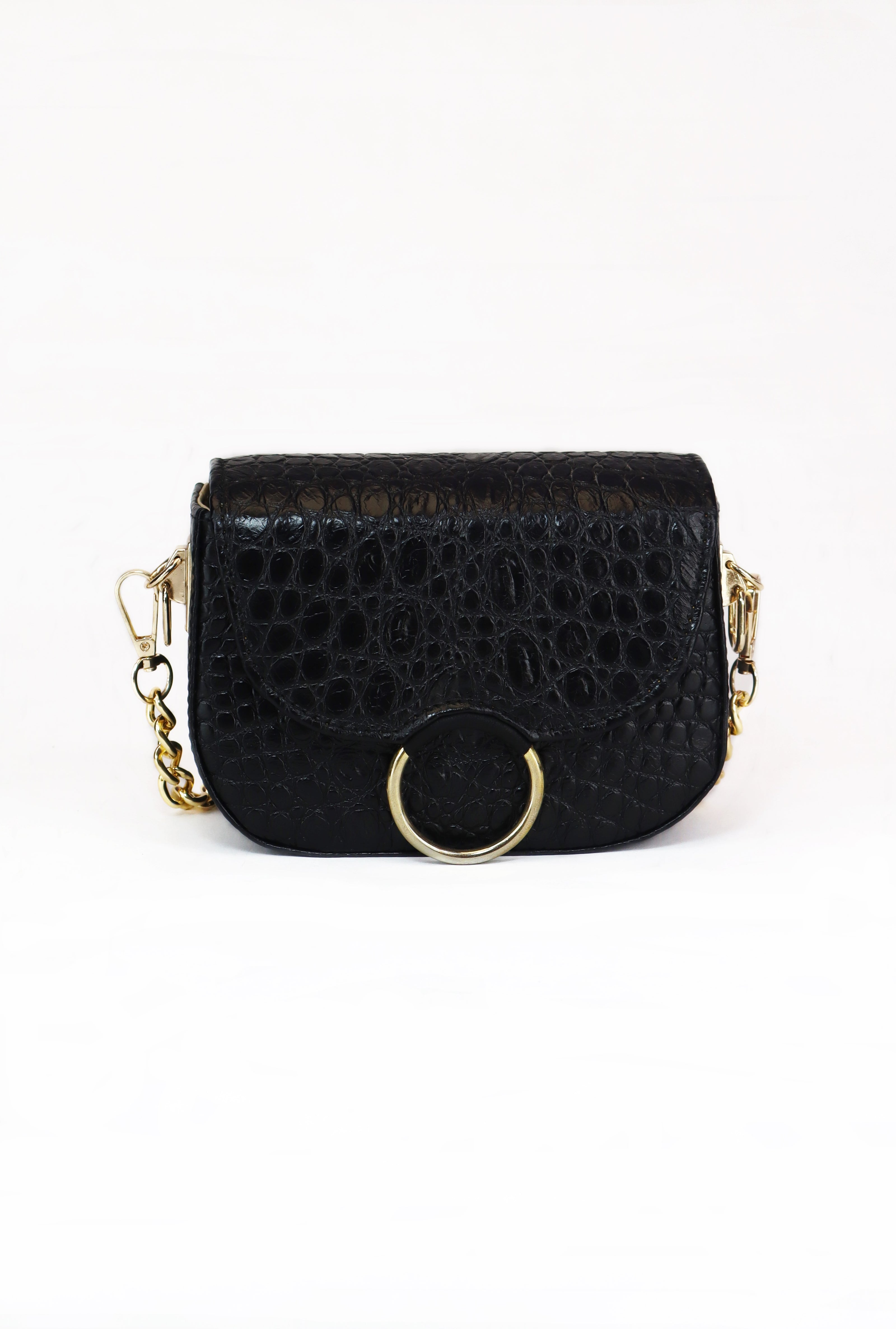 Δερμάτινη crossbody τσάντα Le Vibal Black Croco σε μαύρο δέρμα με ανάγλυφο κροκό - Μπροστινή όψη - ELLIA