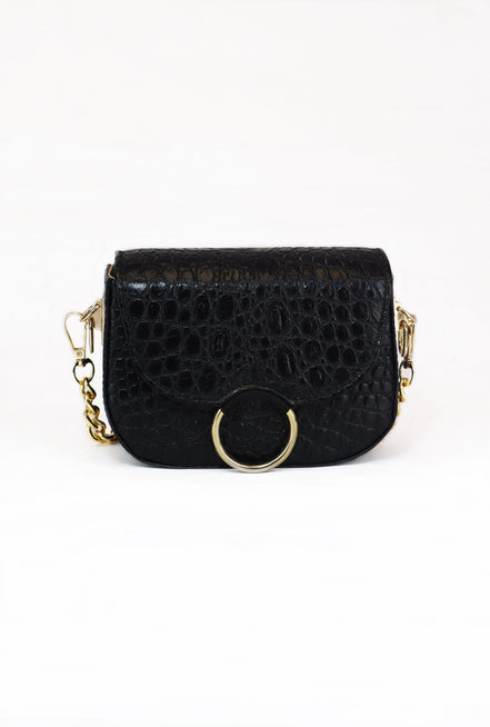Δερμάτινη crossbody τσάντα Le Vibal Black Croco σε μαύρο δέρμα με ανάγλυφο κροκό - Μπροστινή όψη - ELLIA