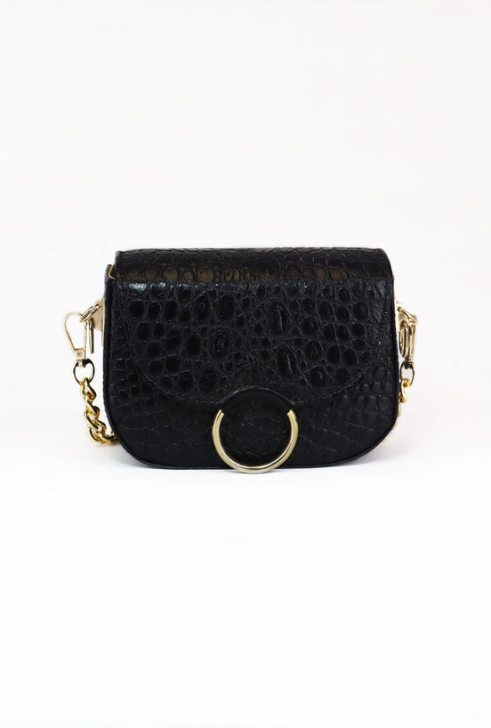Δερμάτινη crossbody τσάντα Le Vibal Black Croco σε μαύρο δέρμα με ανάγλυφο κροκό - Μπροστινή όψη - ELLIA