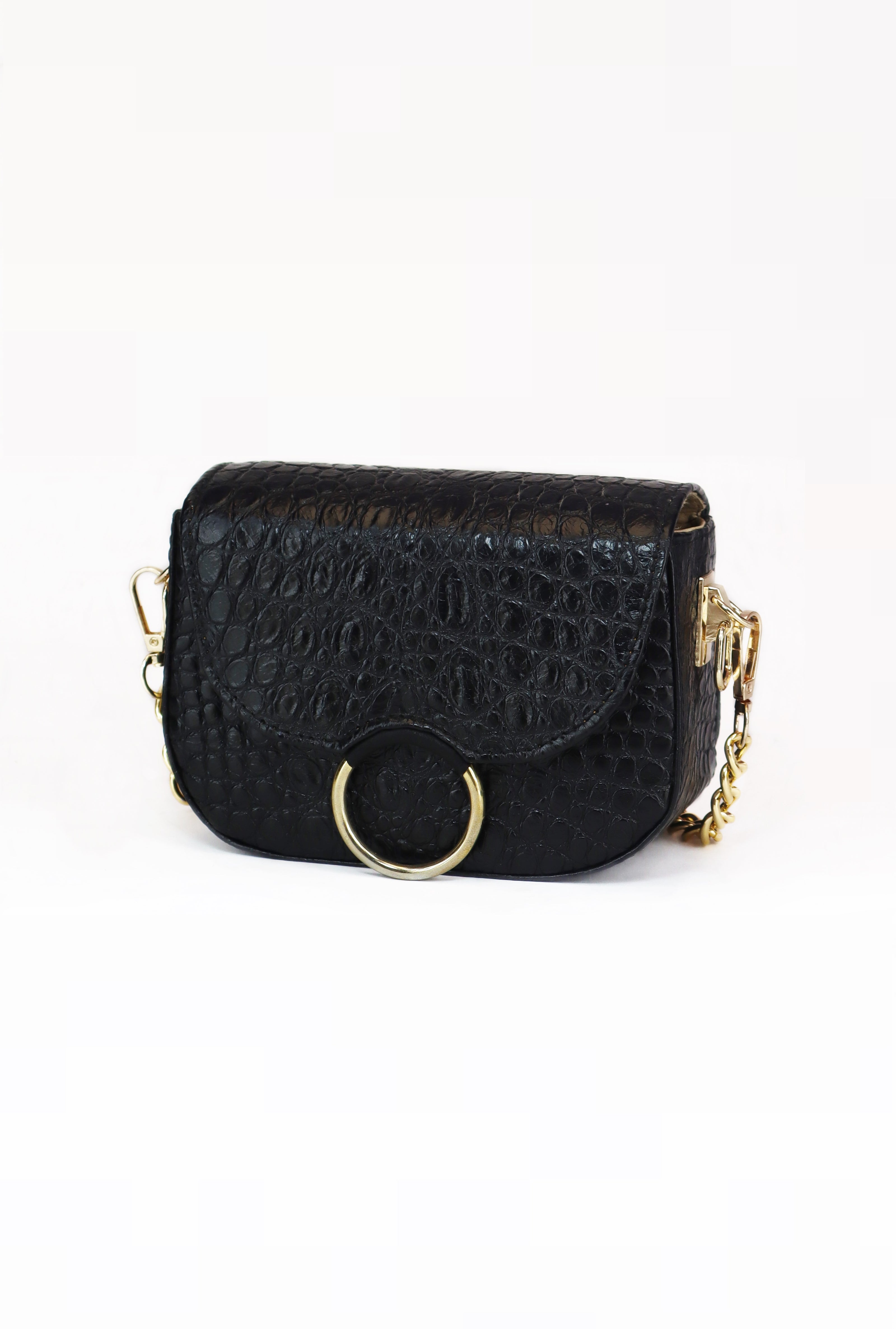 Δερμάτινη crossbody τσάντα Le Vibal Black Croco σε μαύρο δέρμα με ανάγλυφο κροκό - Πλαϊνή όψη - ELLIA