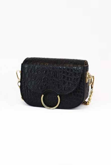 Δερμάτινη crossbody τσάντα Le Vibal Black Croco σε μαύρο δέρμα με ανάγλυφο κροκό - Πλαϊνή όψη - ELLIA