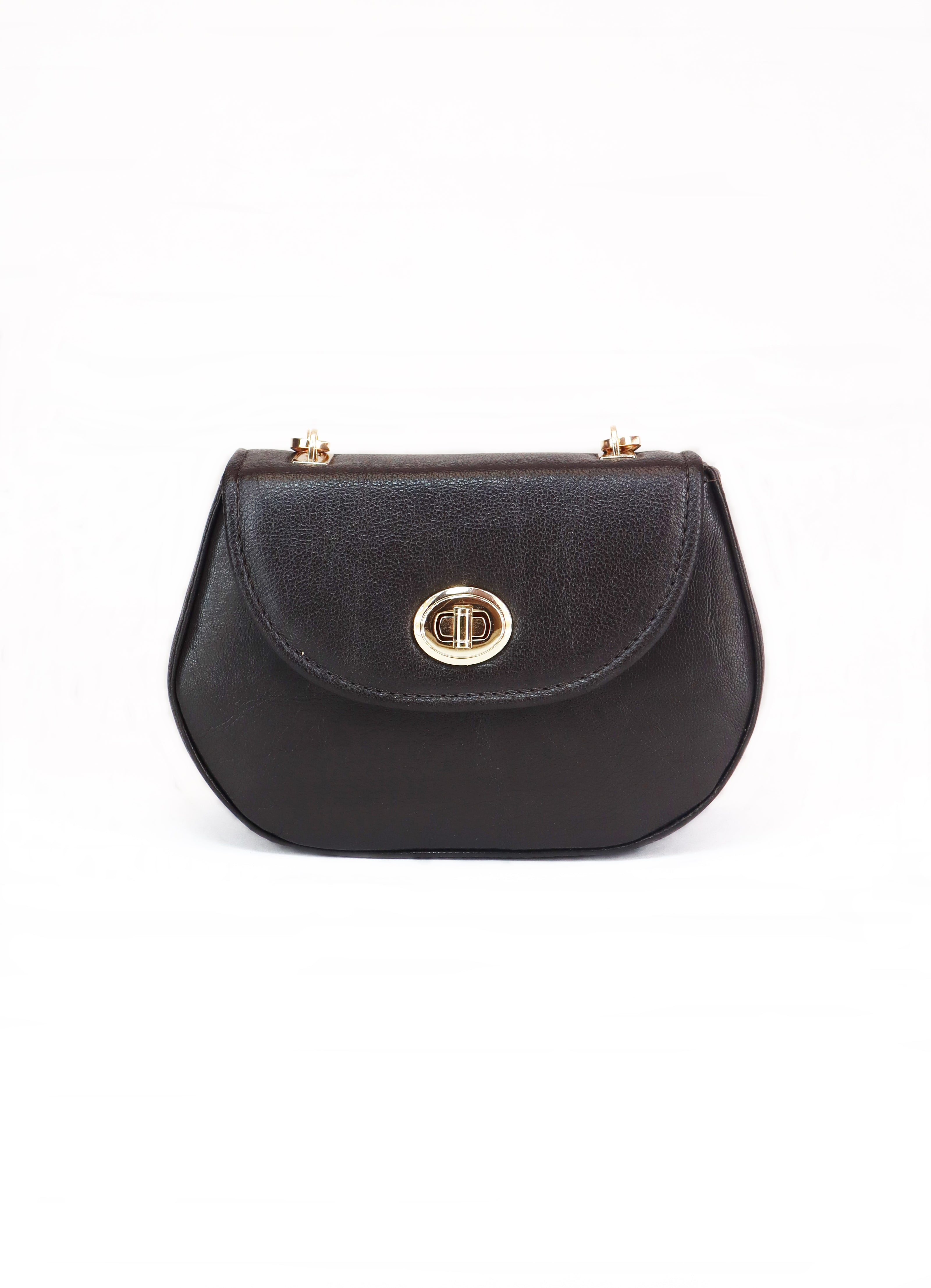 Δερμάτινη crossbody τσάντα Martelago Brown σε καφέ ιταλικό δέρμα με χρυσές λεπτομέρειες - Μπροστινή όψη - ELLIA